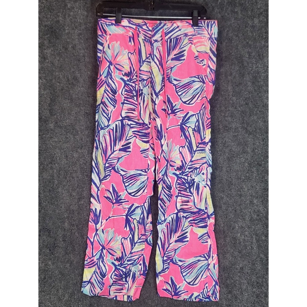 Lilly Pulitzer Georgia May Linen Beach Pants Womens 2 Pink Palm Drawstring Wide